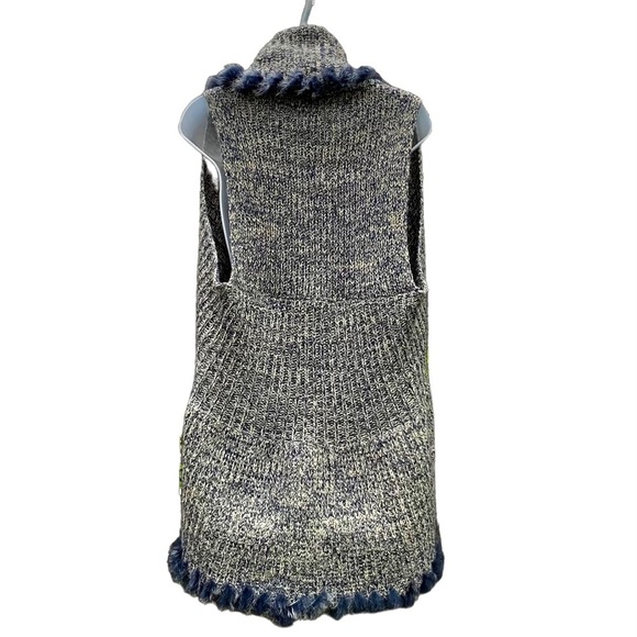 FDJ French Dressing Jeans Blue Gray Marled Knitted Vest Rabbit Fur Trim S / M - Picture 4 of 10